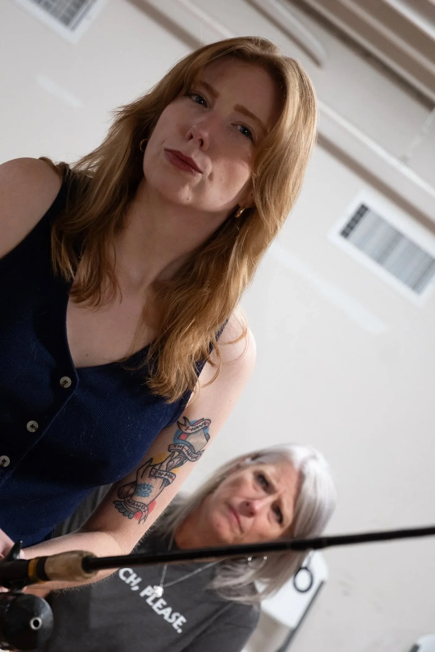 Alyssa Fraser (foreground) and Laura Erchul in rehearsal for "Muskie," produced by New Endeavors at the 2026 Minnesota Fringe Festival.