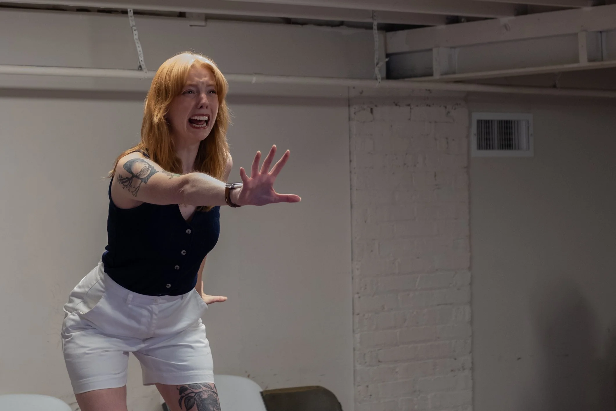 Alyssa Fraser in rehearsal for "Muskie," produced by New Endeavors at the 2026 Minnesota Fringe Festival.