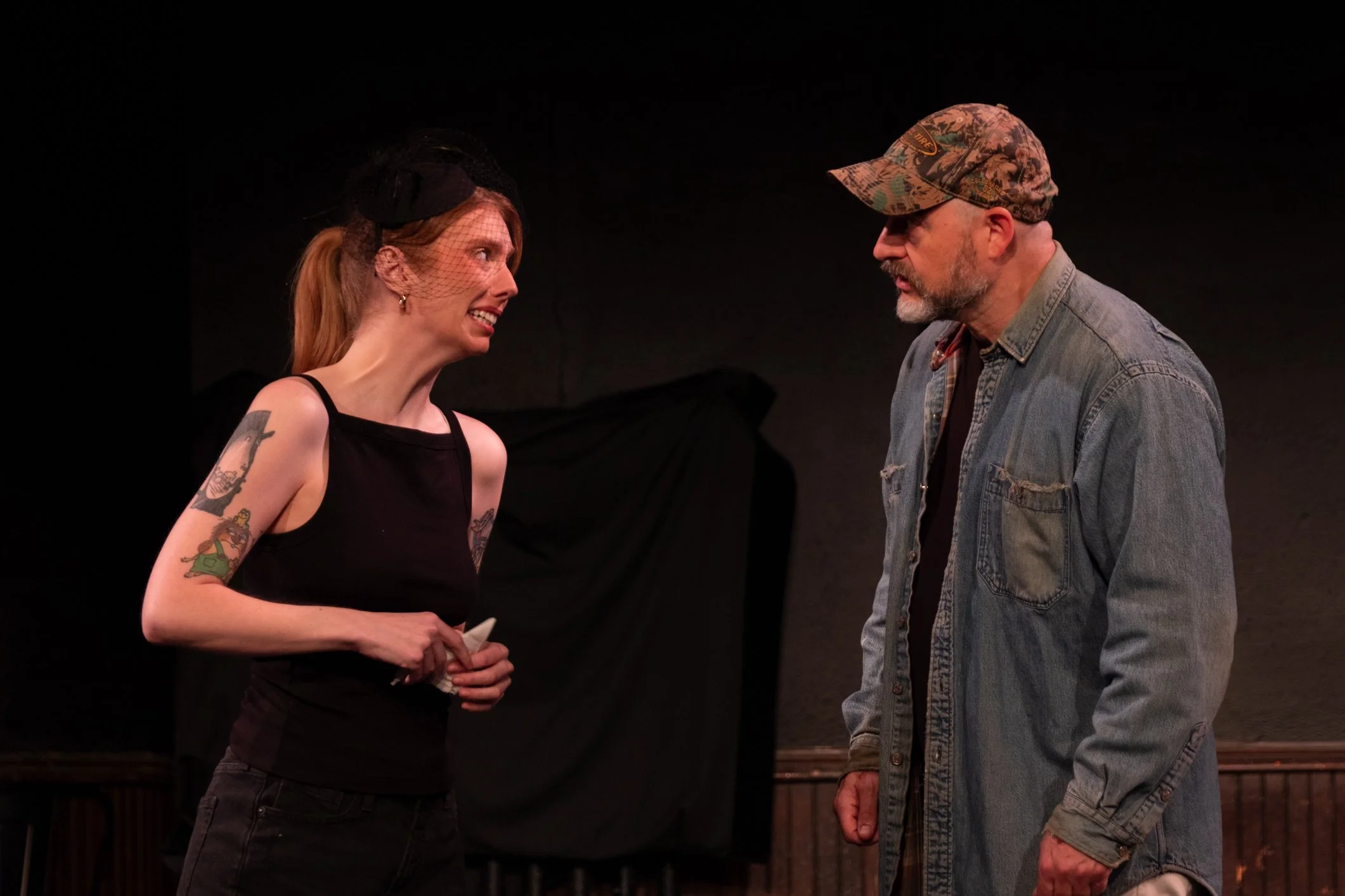 Alyssa Fraser (L) and Matt Saxe (R) perform a scene from "Muskie," produced by New Endeavors at the 2026 Minnesota Fringe Festival.