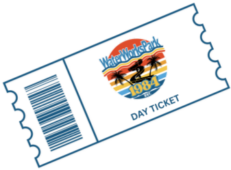 A graphic of admission ticket for WaterWorks Park. Graphic shows a fake bar code sku and the company logo.