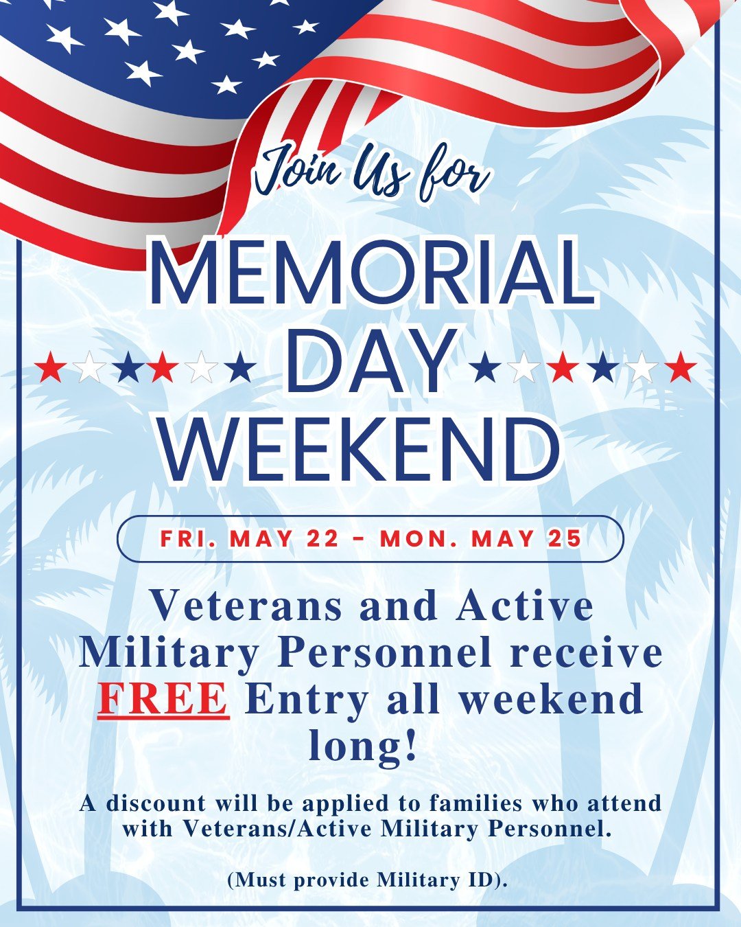 Memorial Day Weekend is our official kickoff to summer! ☀️ We are open 10am - 6pm Friday through Monday! 

Veterans and Active Military Personnel receive FREE entry all weekend long! 
(Must provide Military ID). A discount will be applied to families