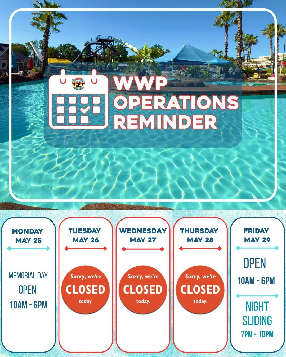 📅In case you've not had the chance to view our 2026 Hours and Events Calendar, please be aware that we are closed May 26, 27, 28. (Calendar link in bio). 

#waterworkspark #reddingca #norcal