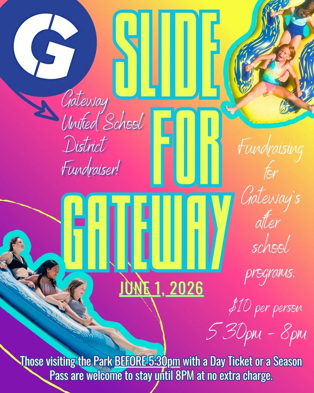 💫SLIDE FOR GATEWAY!

Join us for a good time and a good cause at WaterWorks Park! We're hosting a special fundraiser for Gateway Unified School District to support the after-school S.A.I.L.S. program.

Mark your calendars for this Monday, June 1, fr