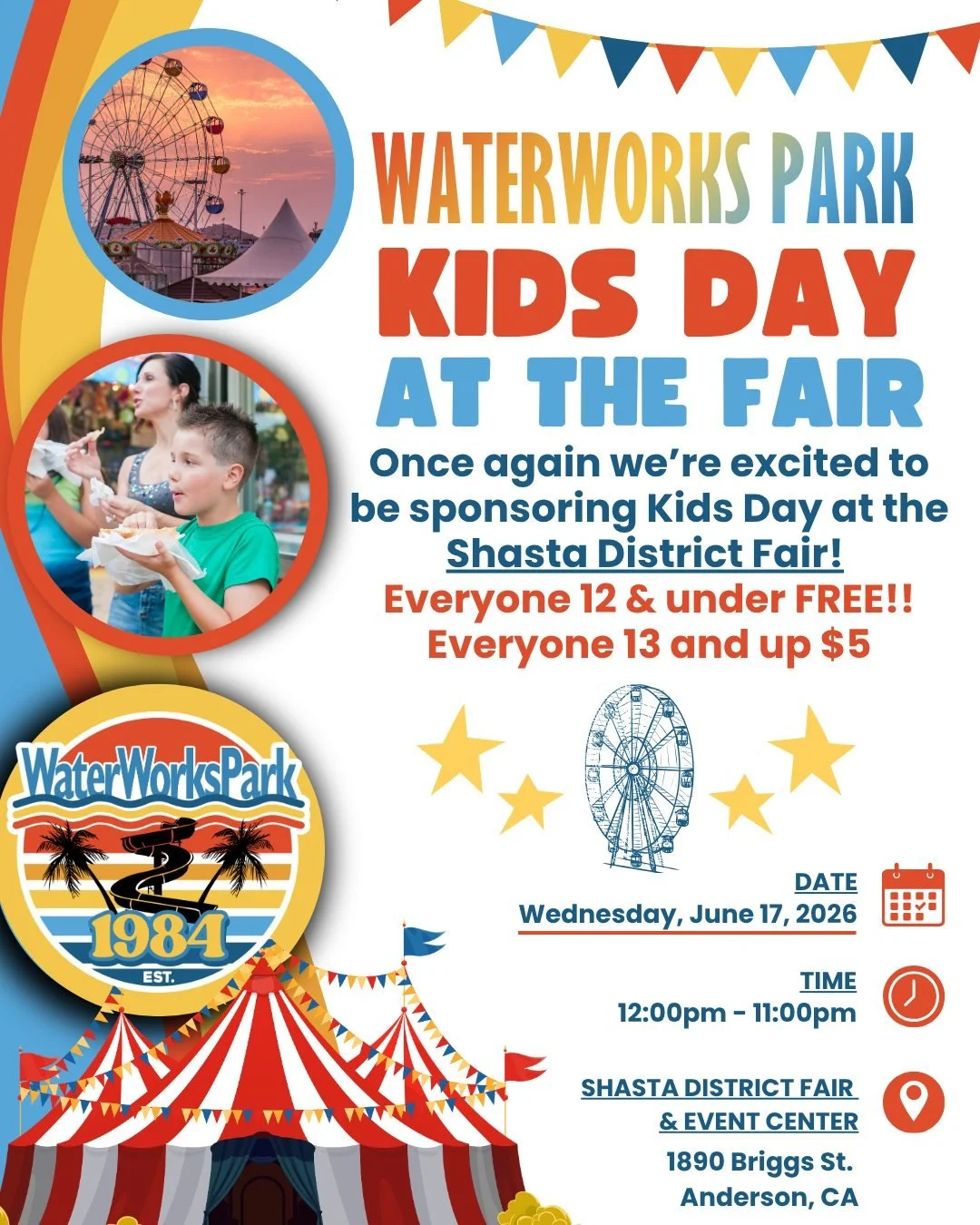 It's that time of year again! Wednesday June 17 is WaterWorks Park Day at the Shasta District Fair! 

Kids 12 and under get in to the Fair for FREE!
Anyone age 13 and up it's $5. 

Time: 12PM to 11PM
Location: Shasta District Fair &amp; Event Center
