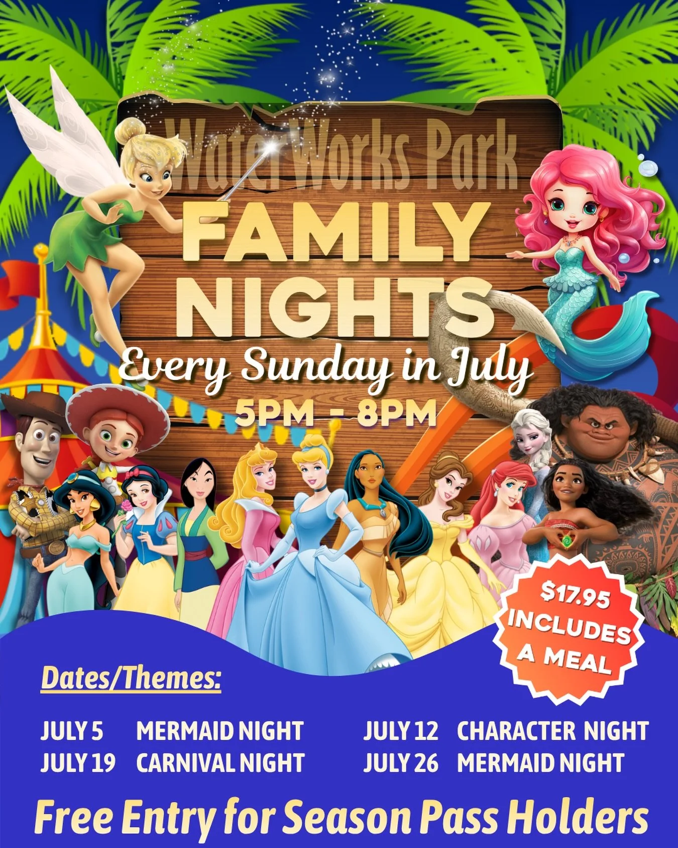 Join us EVERY Sunday in July from 5PM - 8PM for Family Nights featuring themes the kiddos love!🌟

🎫 Tickets: $17.95 (includes a meal)
📍 Available at the ticket window at the time of the event (no online purchases)

✨ Season Pass holders: FREE entr