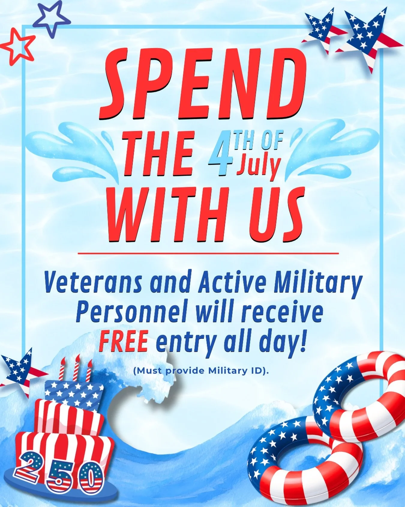 ☀️🇺🇸Spend the 4th with us - Veterans and Active Military Personnel receive FREE entry all day long!
(Must provide Military ID)

#waterworkspark #reddingca #waterslides
