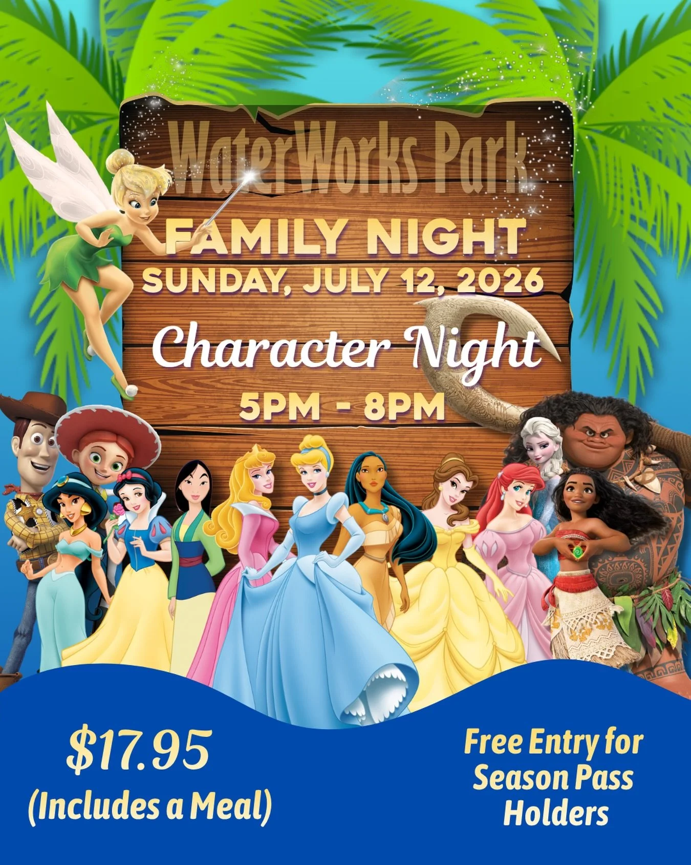 Sunday nights in July are Family Nights. This Sunday (July 12) is Character Night! 

👑 Meet your favorite characters as they wander the park for photos, smiles and fun! 

🎟️ Admission $17.95 (includes a meal) 
Character Night tickets can only be pu