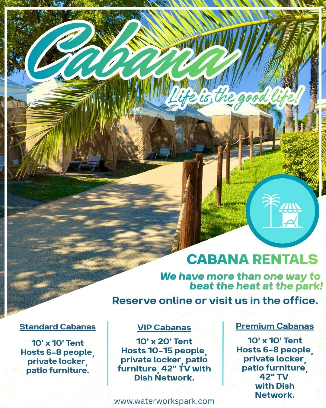 ☀️Cabana life is the good life! You don't have to stay in the water to stay cooled off.

We've got you! Each cabana provides privacy for you and your guests, a secure home base,  and a  place to relax away from the crowds. Choose from Standard, Premi