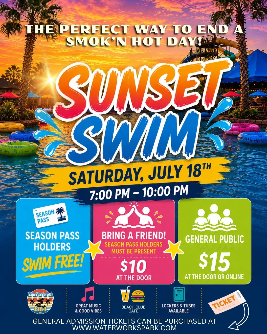 🥵🔥 We're anticipating a hot one, folks! Cool off with us at our Sunset Swim 🌊 on Saturday, July 18th. Plus the bonus of splashing under the stars! 🌟

🕖 Time: 7PM - 10PM

🎟️ Admission:
💥Season Pass Holders: FREE entry! 
Surprise Perk alert🚨 br