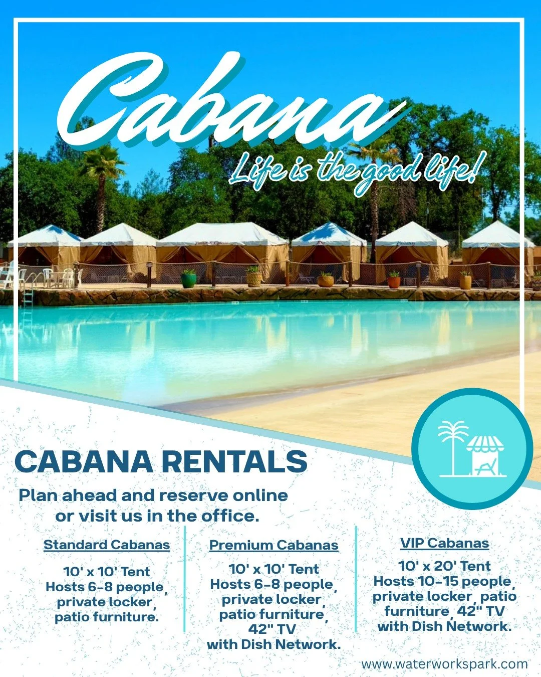 Elevate your waterpark experience with a private cabana! 🌴

There's more than one way to beat the heat at the park! Our cabanas offer the perfect escape with shade, comfort, and front-row views of all the action!

✨ What's Included:

&bull; All-day 