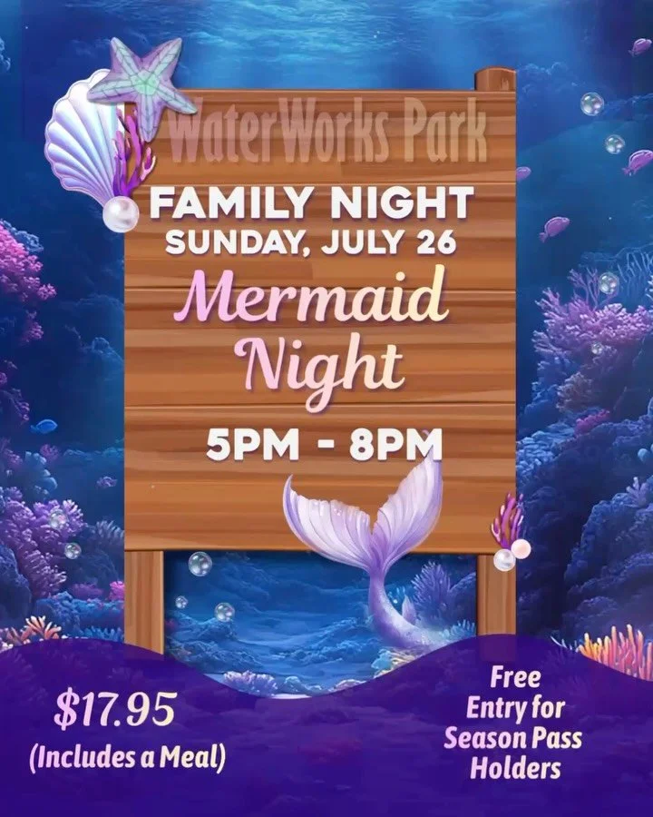 Sunday nights in July are Family Nights, and this Sunday (July 26) is Mermaid Night! 🧜🏻&zwj;♀️ Our final Family Night of the season! 

Meet the Mermaids and snap your family 📸photos with all smiles! Then splash in the waves at 🌊Cowabunga Beach, ?