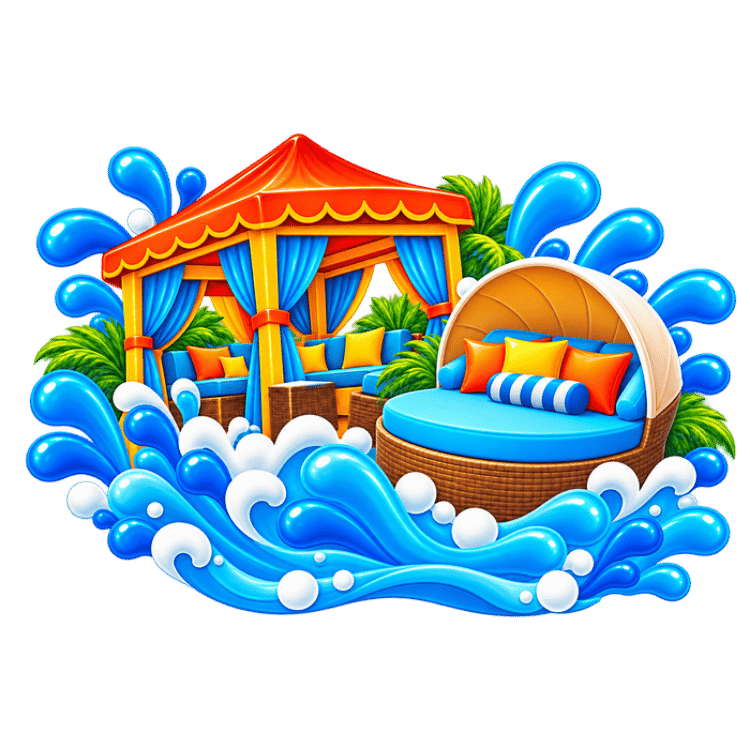 Colorful WaterWorks Park cabana with blue curtains and shaded seating beside a round wicker daybed with a half-shell canopy, surrounded by tropical greenery and bright blue water splashes.