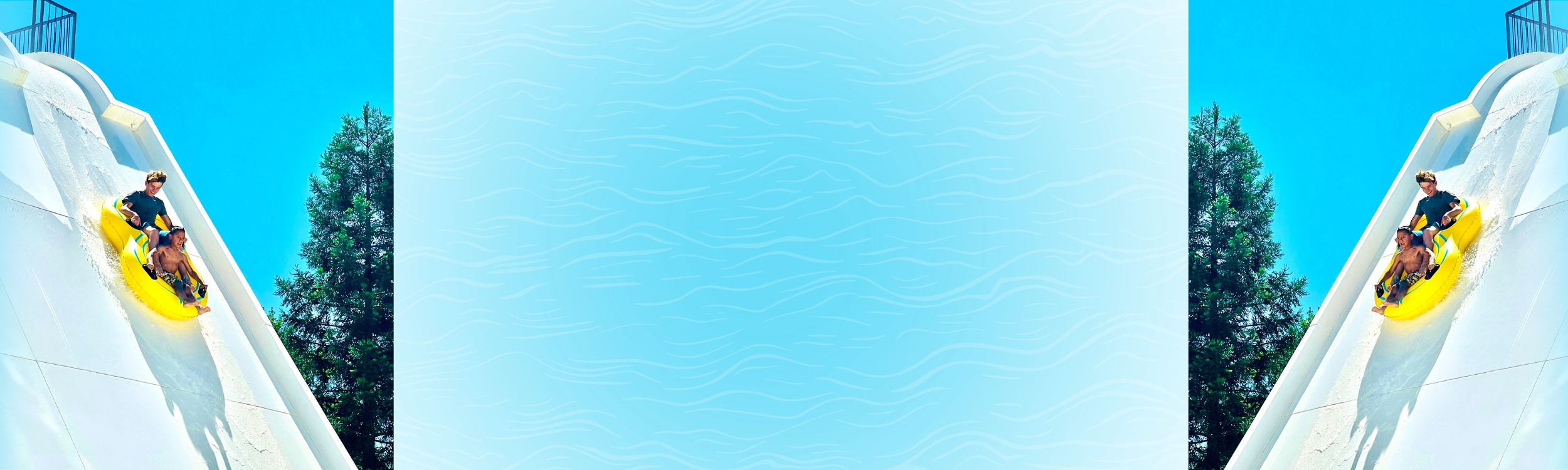 A page banner with mirrored images of two boys riding a yellow 2-person tube on the Avalanche ride at a WaterWorks Park in Redding California- Northern California. There are tall trees and a clear blue sky in the background.