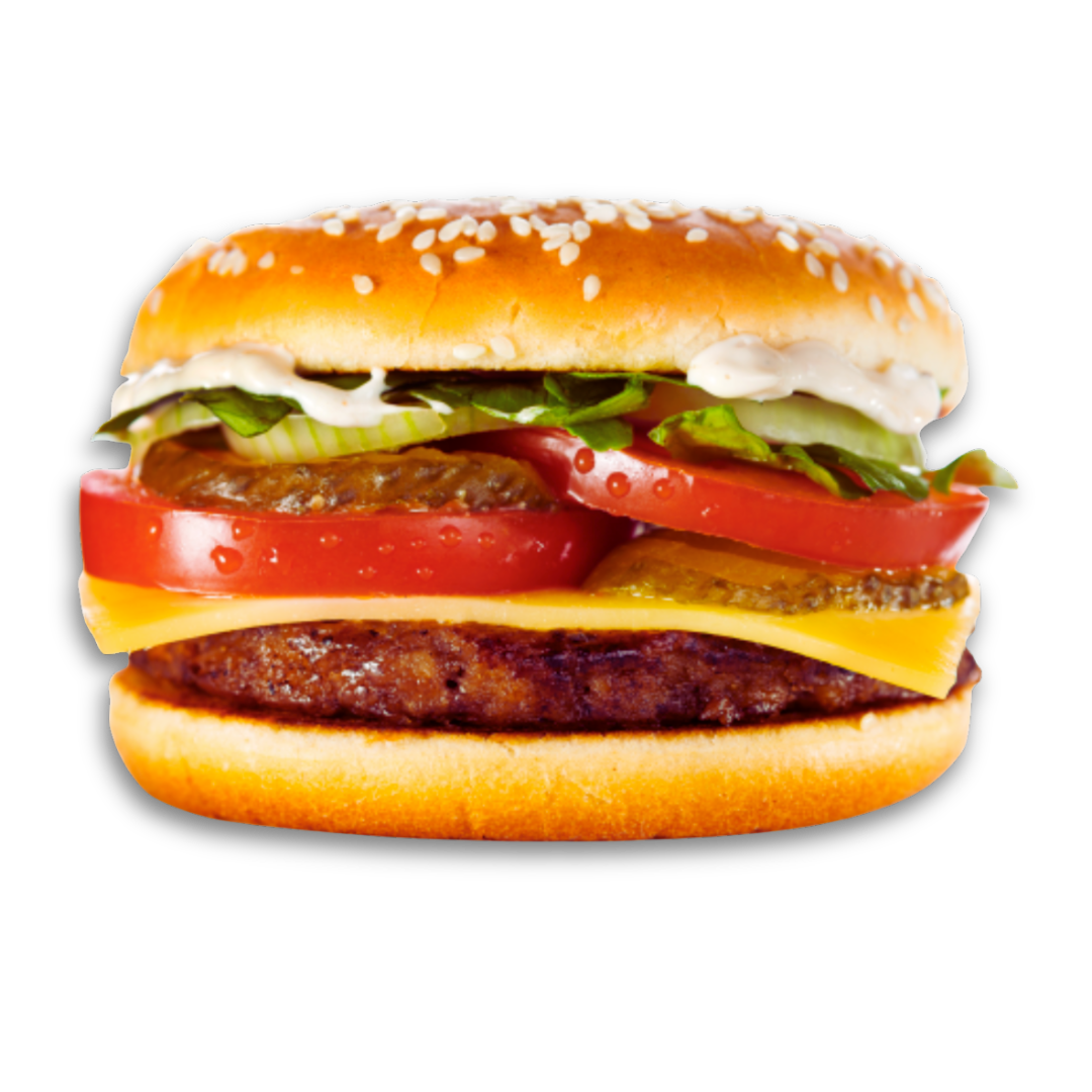 Close-up of a cheeseburger with lettuce, tomato, pickles, ketchup, mayonnaise, and sesame seed bun.