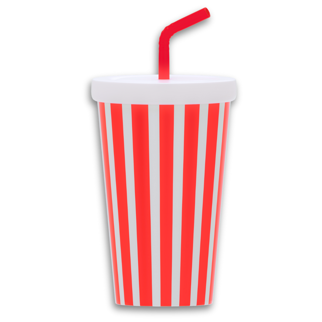 A red and white striped cup with a white lid and a red straw with a drop shadow applied to the image.