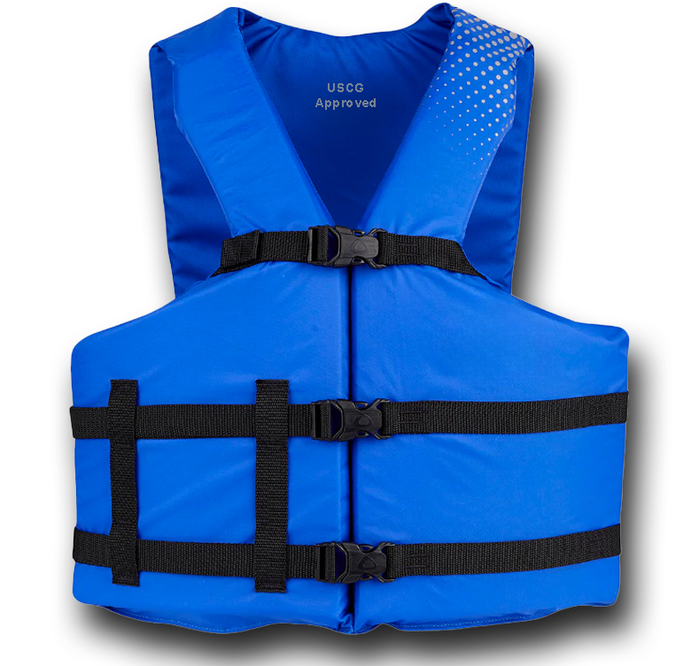 Blue life jacket with black adjustable straps and clip closures, USCG approved.