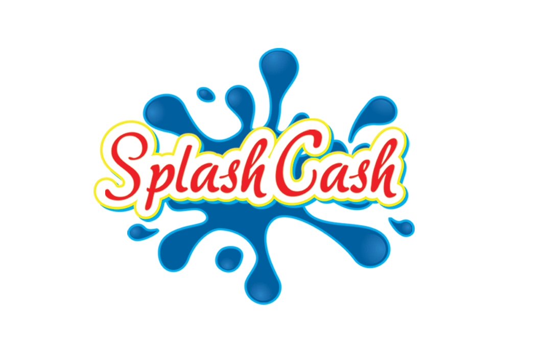 Colorful logo with the text 'Splash Cash' in red and white, overlapping a blue splash design with yellow and blue background sections.
