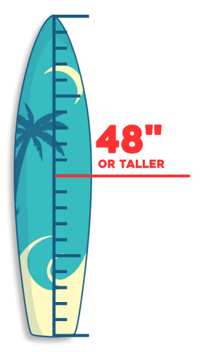 A created graphic of a height measuring scale on a surfboard indicating 48 inches or taller to ride a ride at WaterWorks Park in Redding, California. Tropical-themed design.