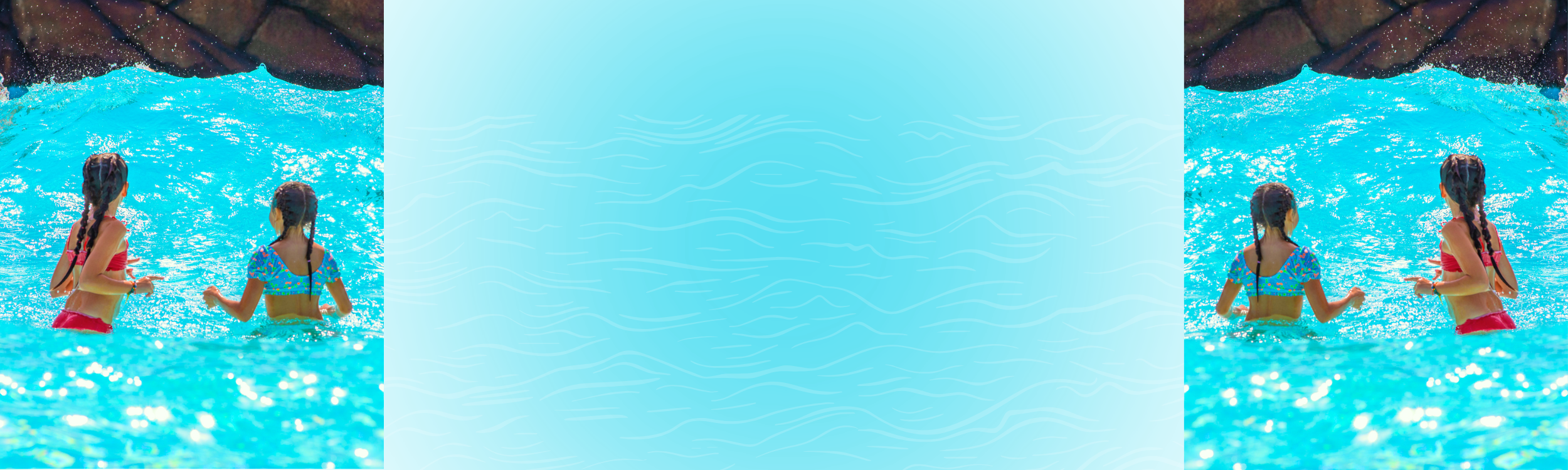 A page banner with mirrored images of two young girls with braided hair in swimsuits standing waist-deep in a the wave pool, facing away from the camera, in the background and a giant wave coming towards them at WaterWorks Park, Redding, CA