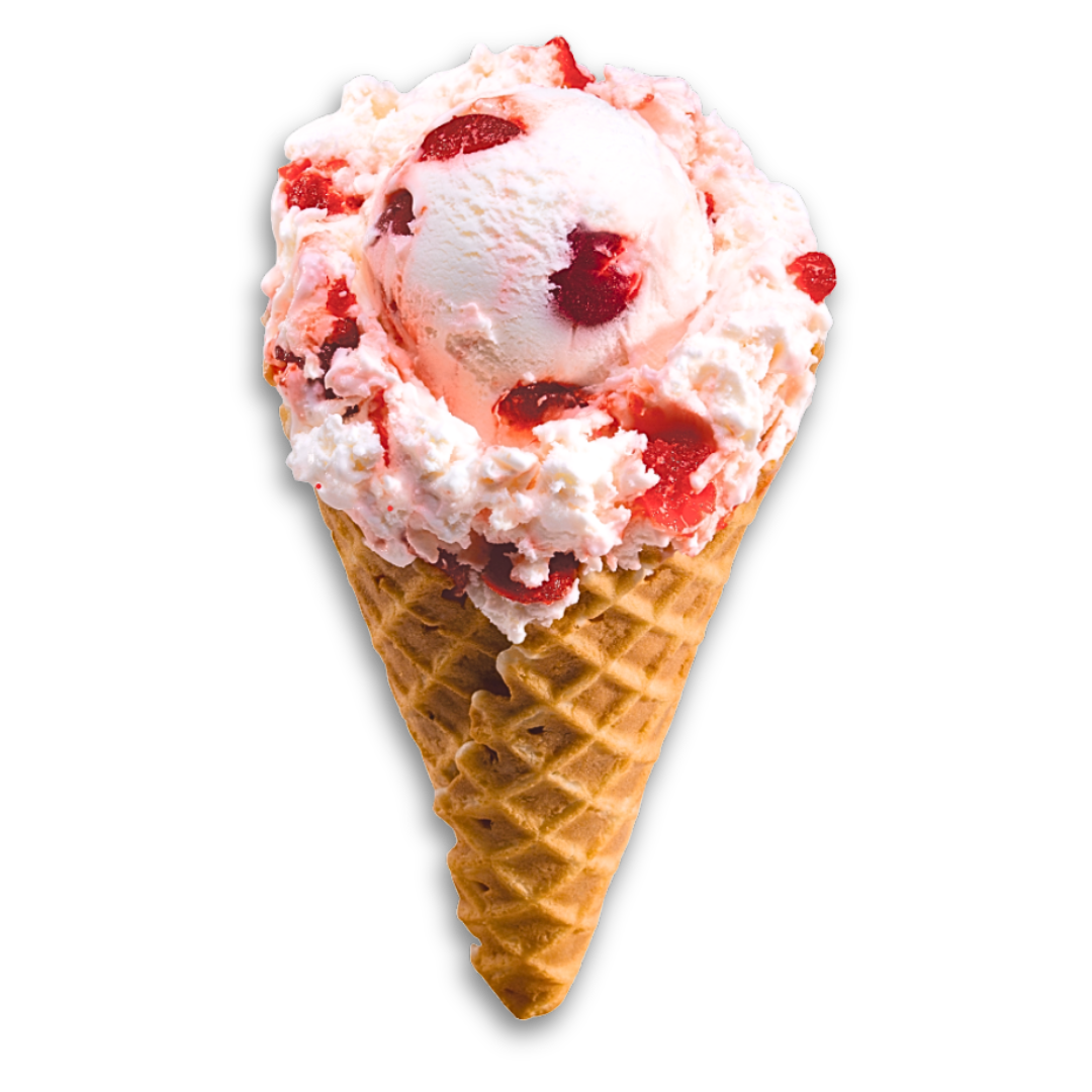A scoop of  ice cream with red berry pieces in a waffle cone.