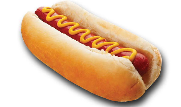Hot dog with mustard in a bun with a drop shadow enhancing the image.