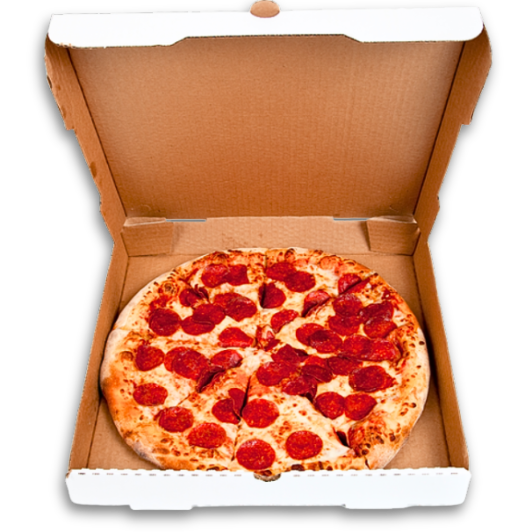 A pepperoni pizza inside an open cardboard pizza box