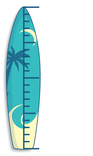 A created graphic of a height measuring scale on a surfboard indicating no height requirements to ride a ride at WaterWorks Park in Redding, California. Tropical-themed design.