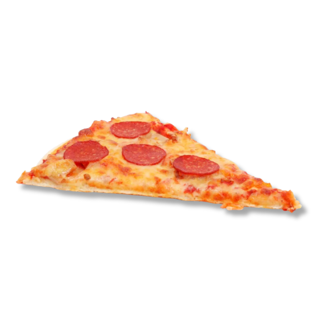 Single slice of pepperoni pizza with melted cheese and tomato sauce.