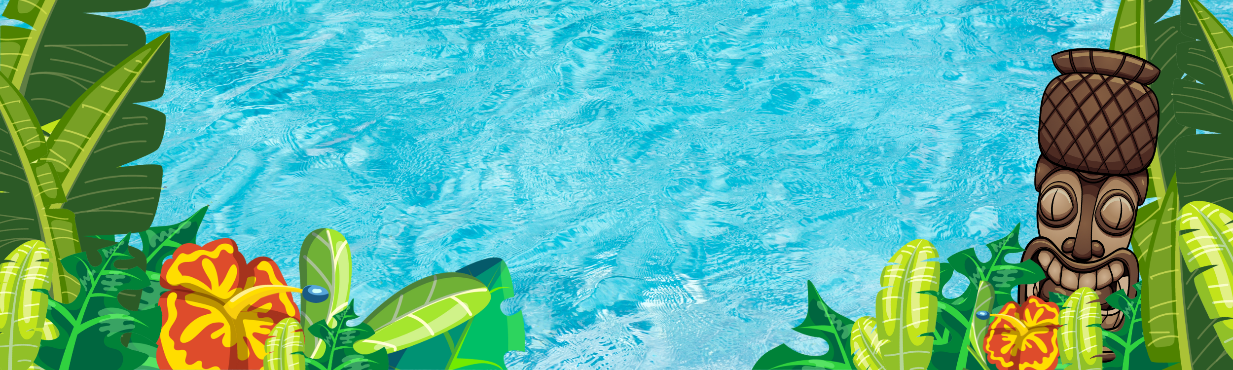 A cartoon-style tropical scene with a blue water background, large green leaves, colorful flowers, and a carved tiki statue. This is the Splash Cash Card theme background.