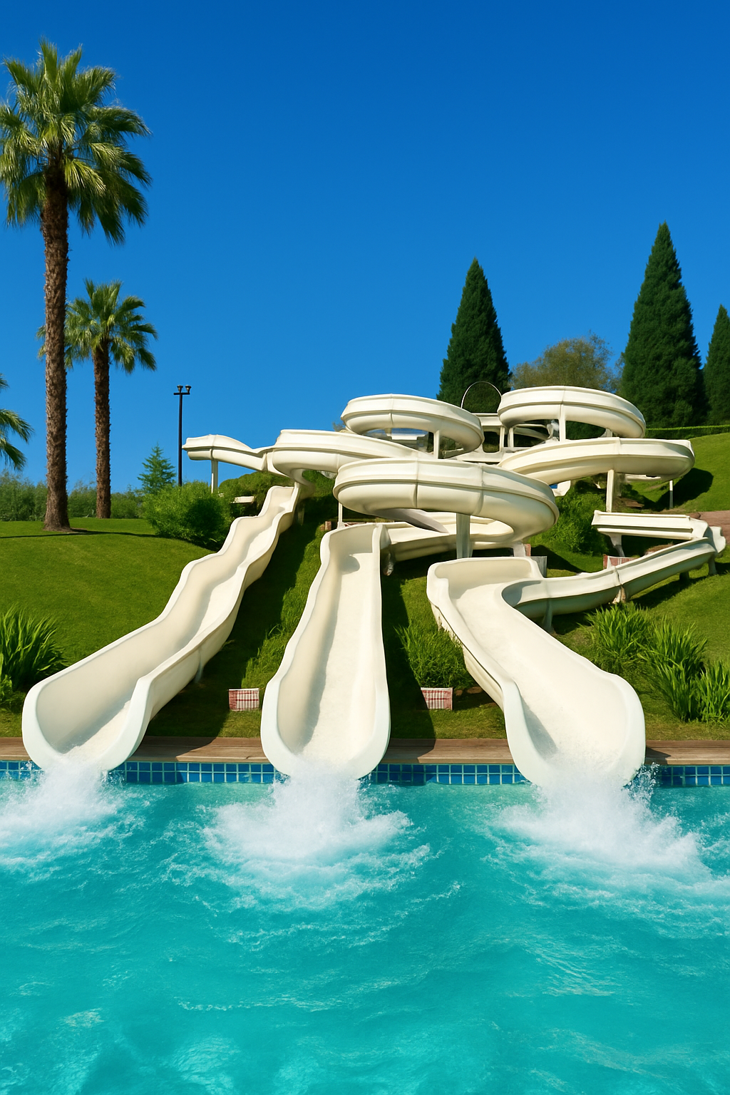 3 white giant flume water slides. The perspective is at the base of the slides where riders slide into a clear blue pool with palm trees and blue sky in the background.