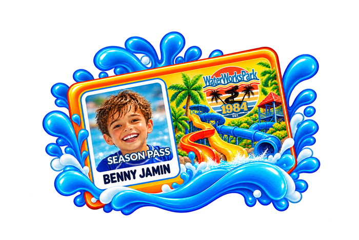 Colorful WaterWorks Park season pass featuring a smiling child named Benny Jamin, the park logo, tropical palm trees, colorful waterslides, and bright blue water splashes.