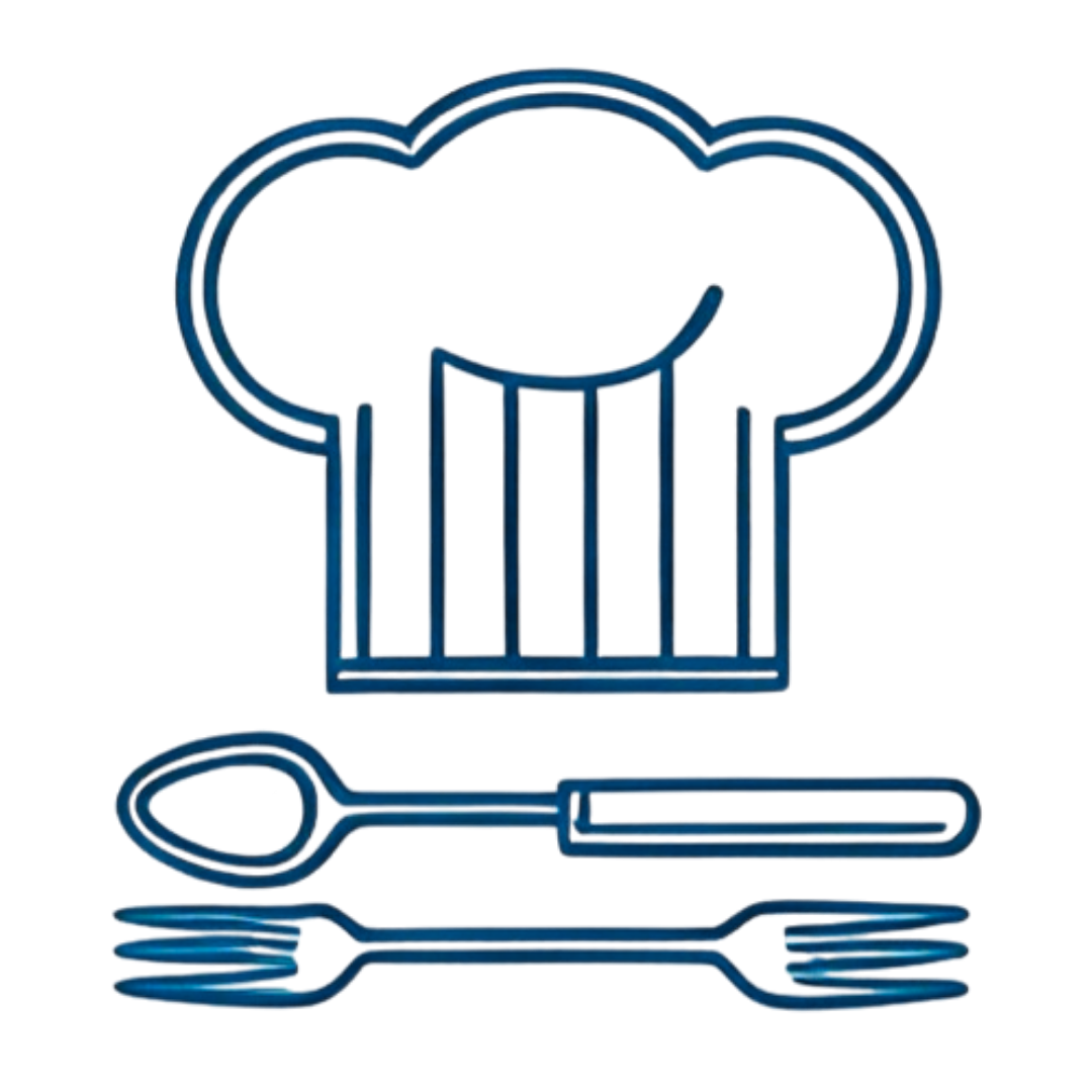 Clip art outlines for a chef's hat with a spoon and fork underneath. The outlines are an ink blue.