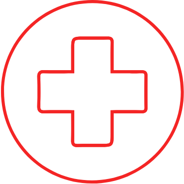 A Graphic of a Red outline of a first aid cross icon inside a circle, symbolizing medical or emergency aid.