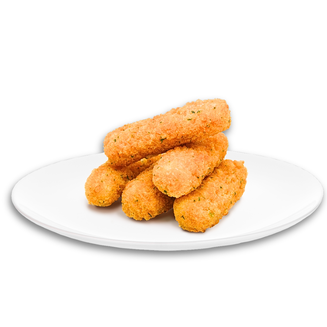 Five fried cheese sticks stacked on a white plate.