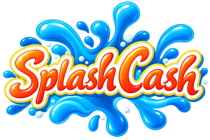 WaterWorks Park Splash Cash logo featuring glossy orange-red lettering outlined in white and yellow, surrounded by bright blue water splashes, flowing waves, and droplets.