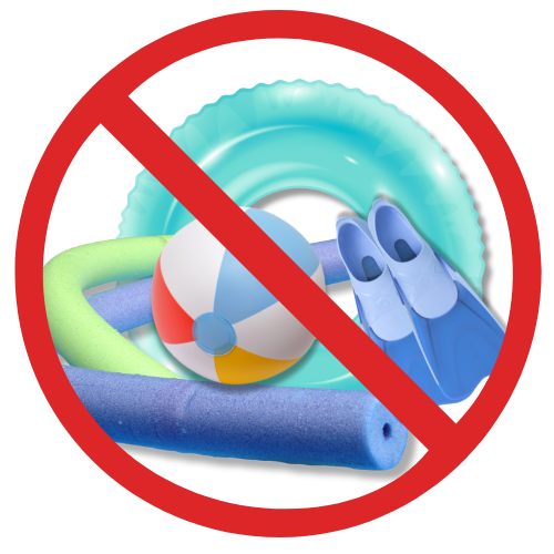 Illustration of pool toys and inflatables with a circular red prohibition sign over them, indicating items not permitted to be brought into WaterWorks Park by guests.