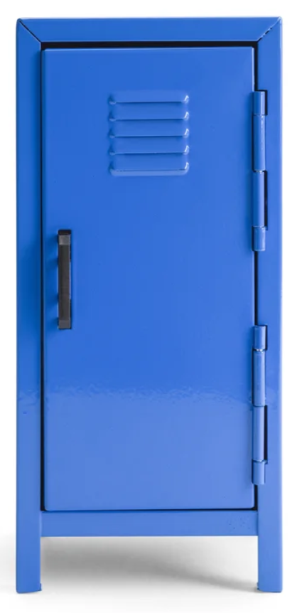 Blue locker with a vented door and black handle.