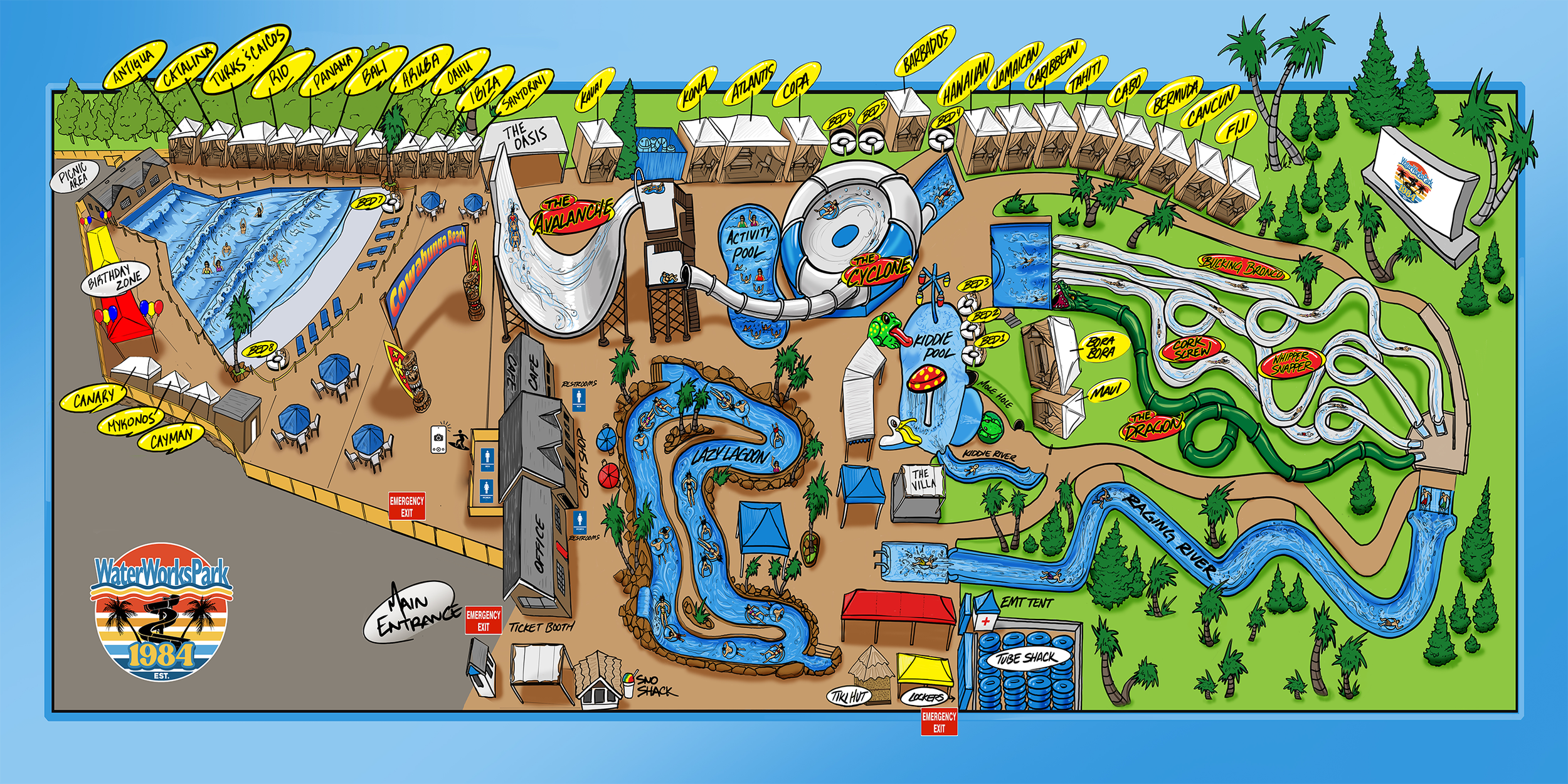 Map of WaterWorks Park showing various attractions such as the cyclone waterslide, lazy lagoon, kiddie pool, tubing area, and multiple water slides, along with shaded cabanas, dining areas, restrooms, and park entrances.