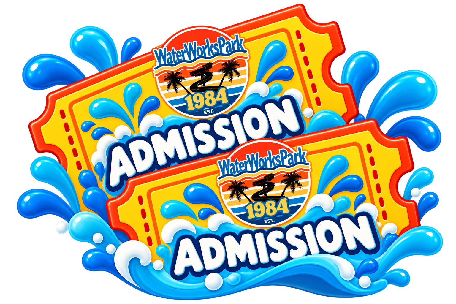 Two overlapping WaterWorks Park admission tickets featuring the park's 1984 logo, bright yellow and orange colors, blue water splashes, and smooth flowing waves.