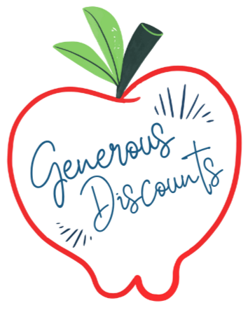 A graphic outline of an apple with 2 bright green leaves and a dark green stem, containing stylized blue text that reads 'Generous Discounts.' The image indicates group pricing discounts at WaterWorks Park in Redding, CA.