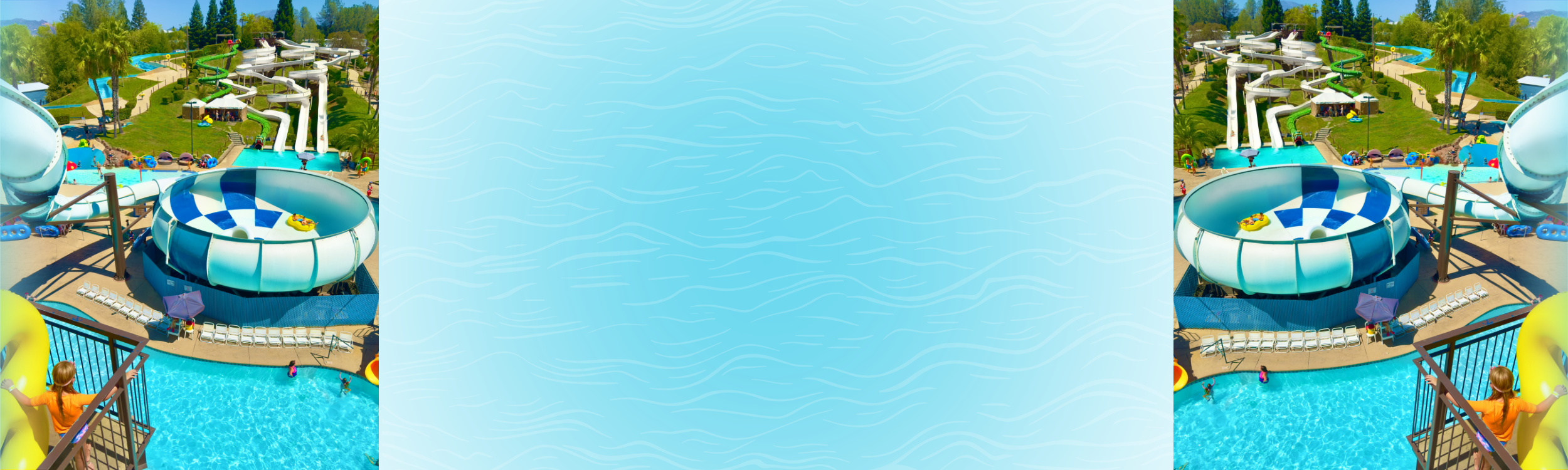 A page banner image with mirrored Aerial view WaterWorks Park in Redding, California. Showing multiple water slides, The Cyclone ride, people, and a swimming pool area, surrounded by lush green foliage and sunny weather.