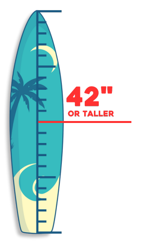 A created graphic of a height measuring scale on a surfboard indicating 42 inches or taller to ride a ride at WaterWorks Park in Redding, California. Tropical-themed design.