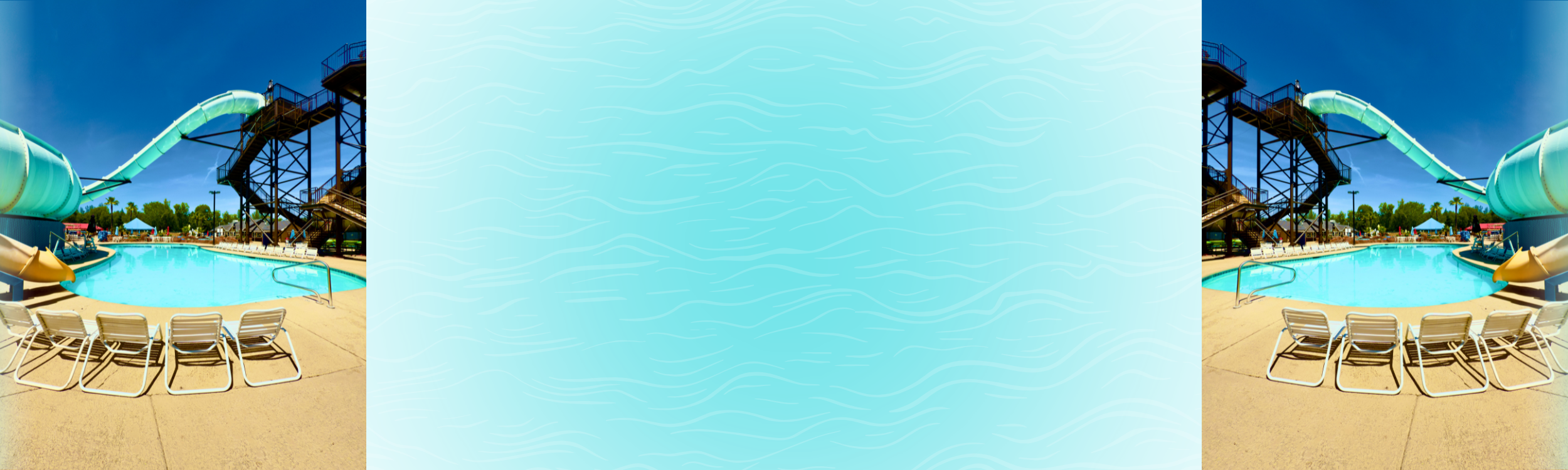 A banner image for the Activity Pool at WaterWorks Park, located in Redding California- Northern California. Featuring mirrored images of the Activity Pool, water slides, lounge chairs, and blue sky.