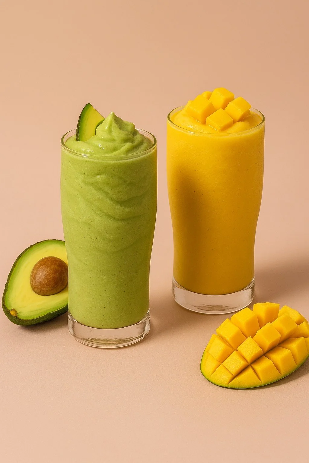 Two tall glasses of smoothies, one green with avocado and the other yellow with mango, set against a light pink background, with halved avocado and diced mango nearby.
