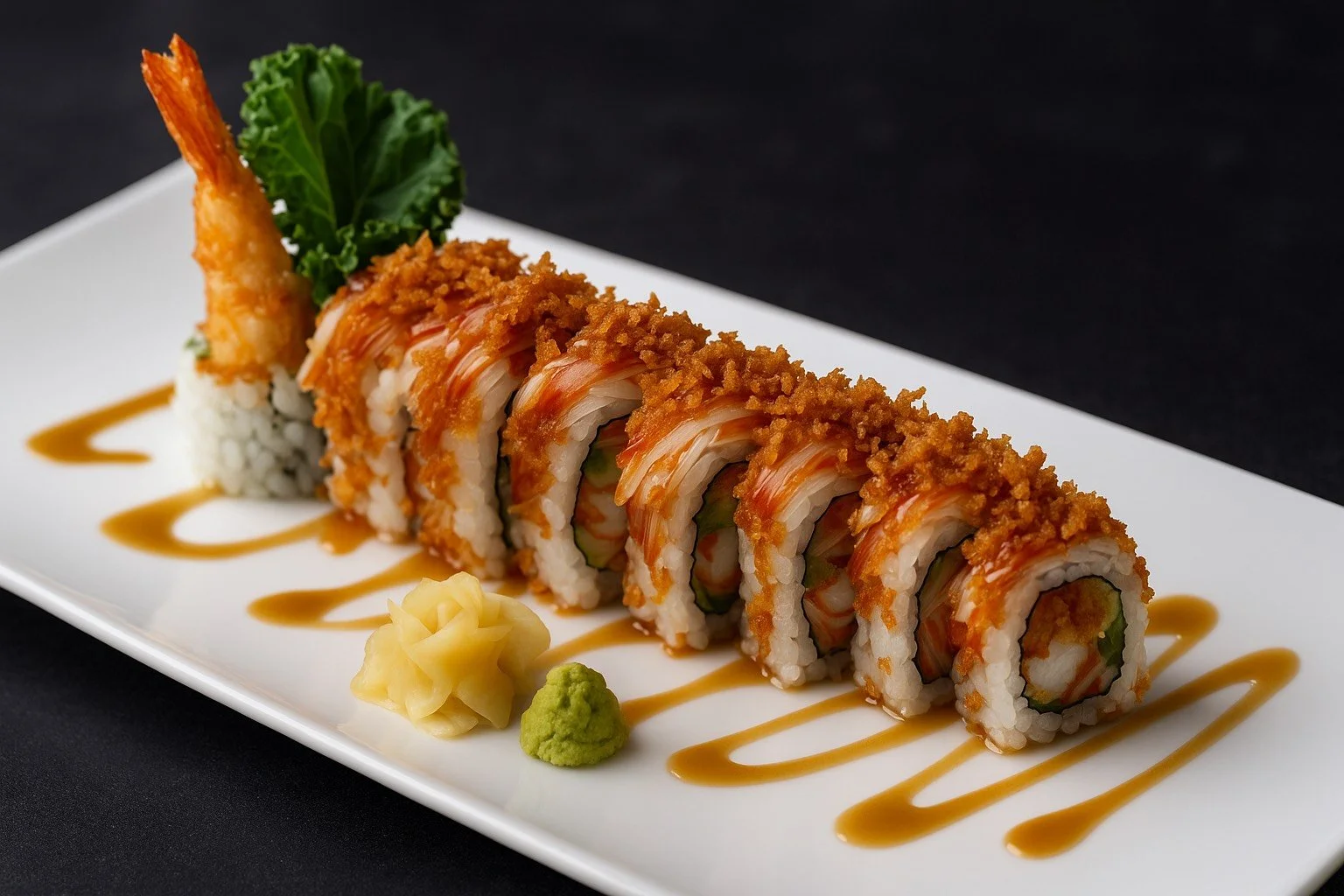 A plate of Japanese sushi rolls with shrimp tempura, drizzled with sauce and garnished with wasabi, pickled ginger, and curly parsley.