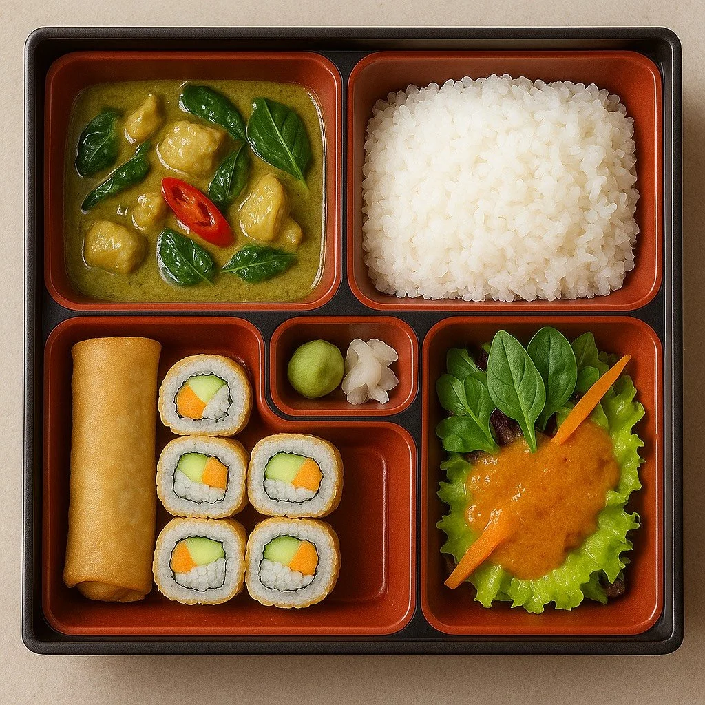 A bento box with sections containing a green curry with chicken and basil, white rice, vegetable spring rolls, sushi rolls with cucumber and carrot, a small lime, pickled ginger, and a salad with greens and an orange dressing.