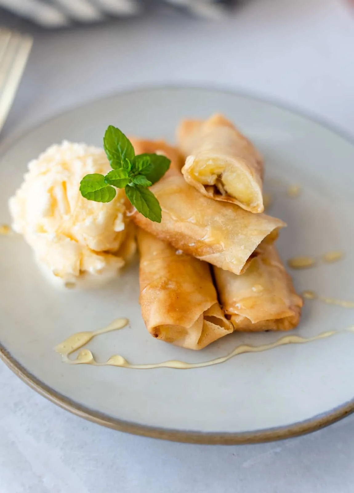 Plate with three spring roll appetizers garnished with mint leaves and served with mashed potatoes, drizzled with a light sauce.