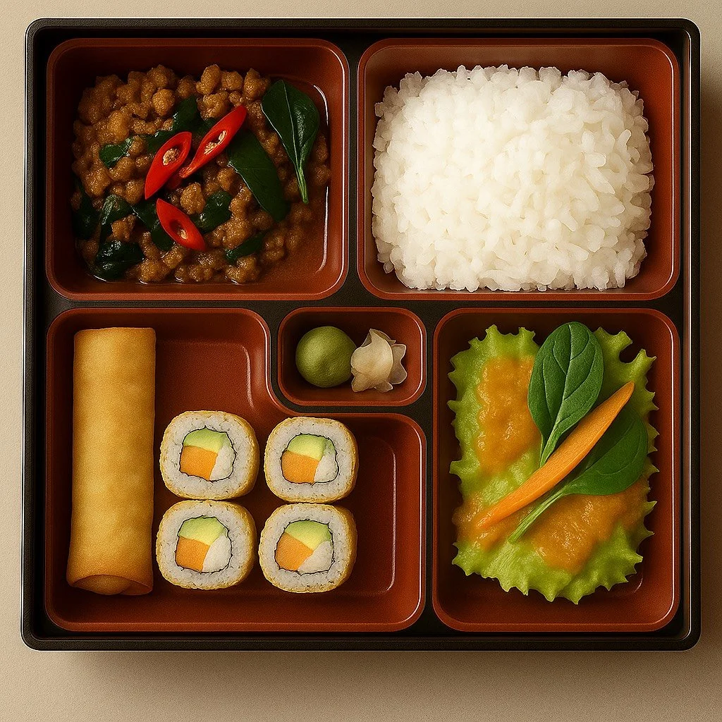 A bento box with white rice, a spring roll, four sushi rolls with cucumber and carrot, a serving of curry with basil and chili, and a vegetable salad with cucumber, carrot, and basil.