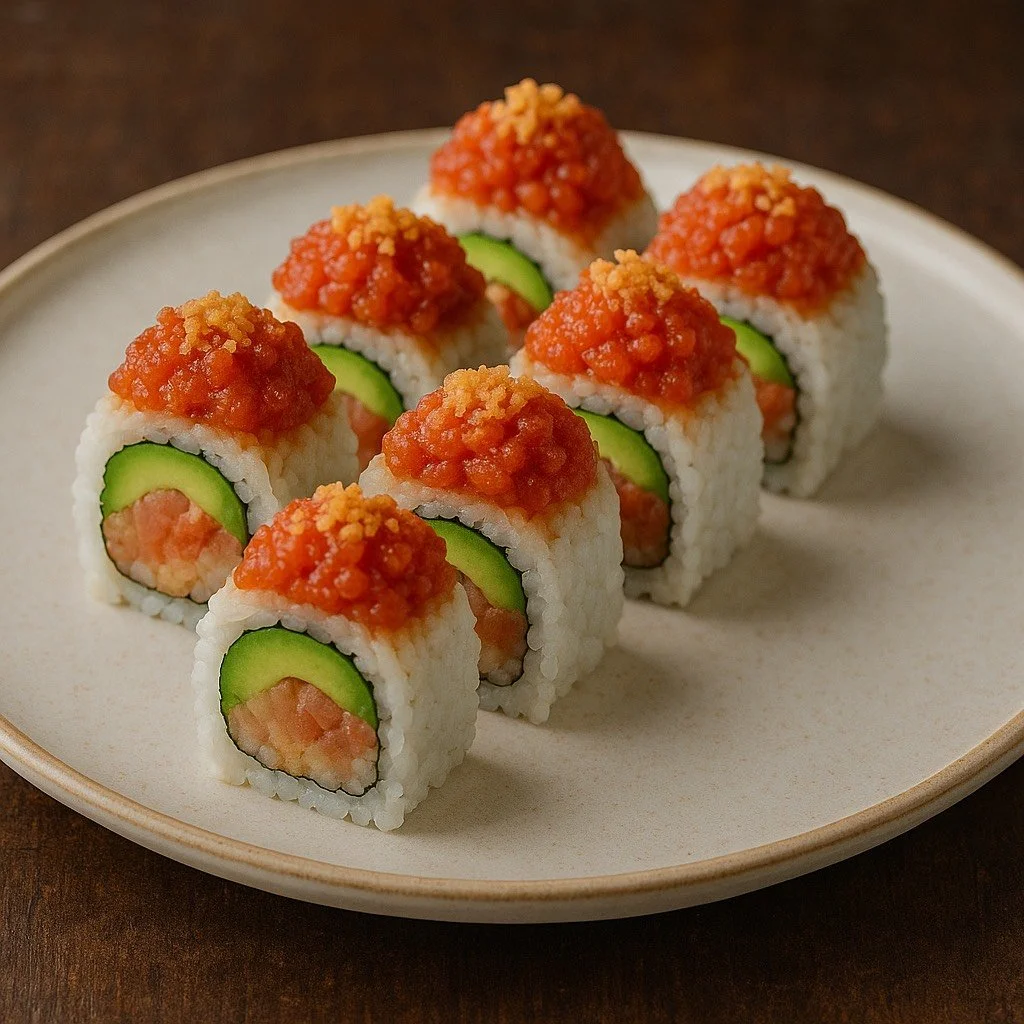 Sushi rolls topped with salmon, cucumber, and spicy mayo or a similar orange sauce on a white plate