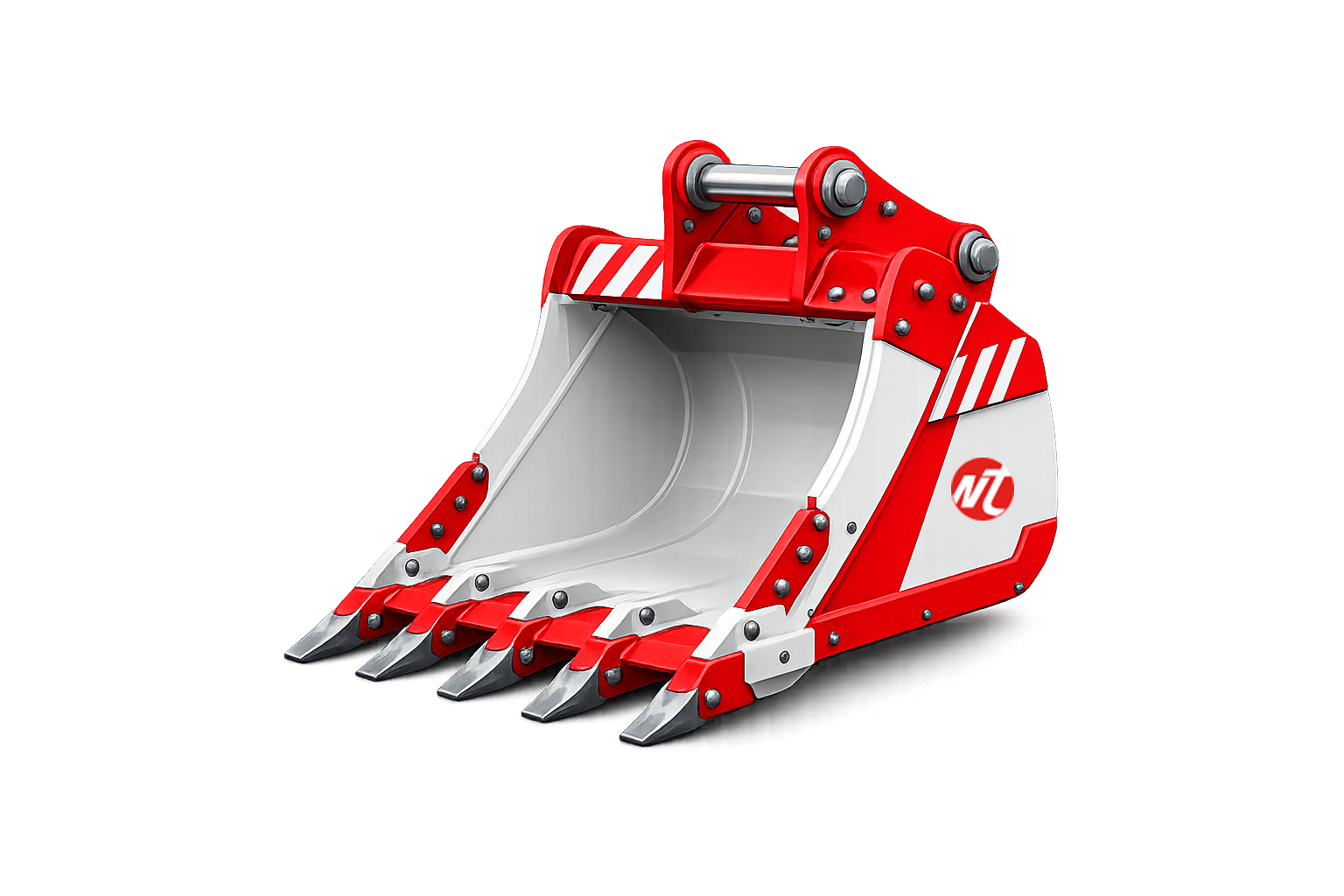 A model of a rescue excavator bucket attachment in red, white, and silver.